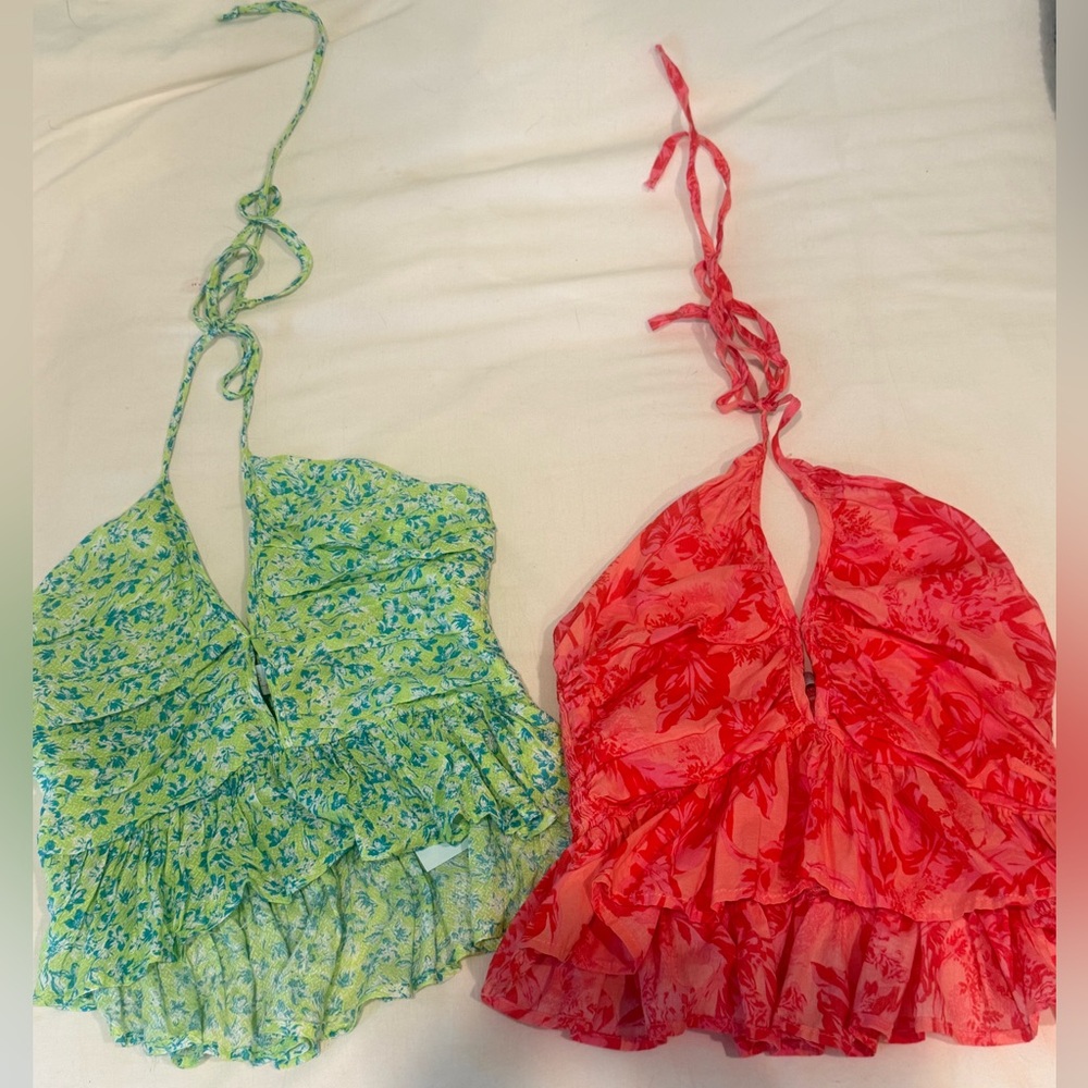 Stella Laguna Beach Boutique set of 2 pink and green Floral Halter Tops